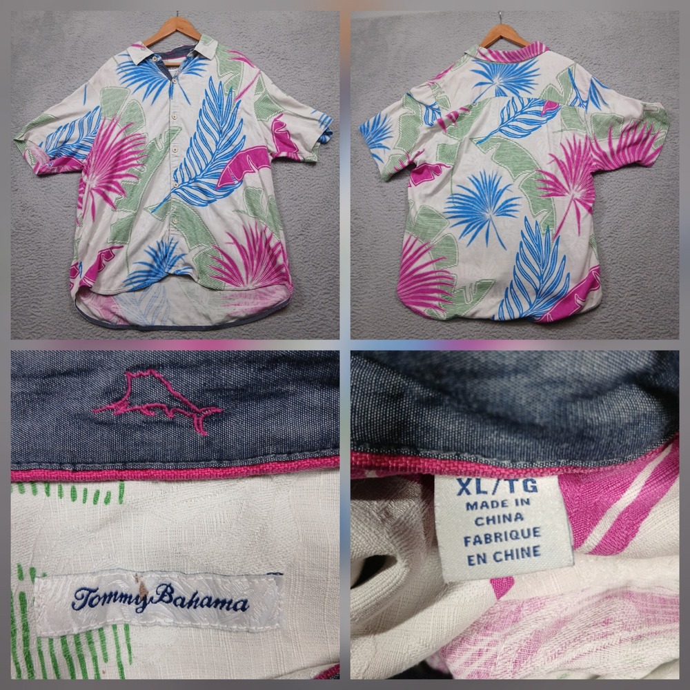 Tommy Bahama Hawaiian Shirt Mens‎ XL Tropical Leaf Print Pink Blue Camp